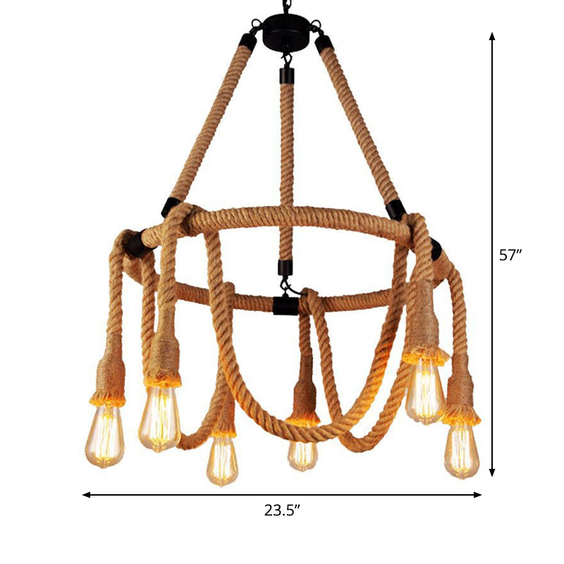 Brown Circle Ceiling Suspension Lamp - Lodge Style - 6/8 Lights - Restaurant Chandelier with Naked Bulb Design