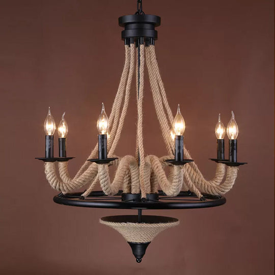 Cottage Brown Jute Rope Wrapped 8-Light Candelabra Chandelier