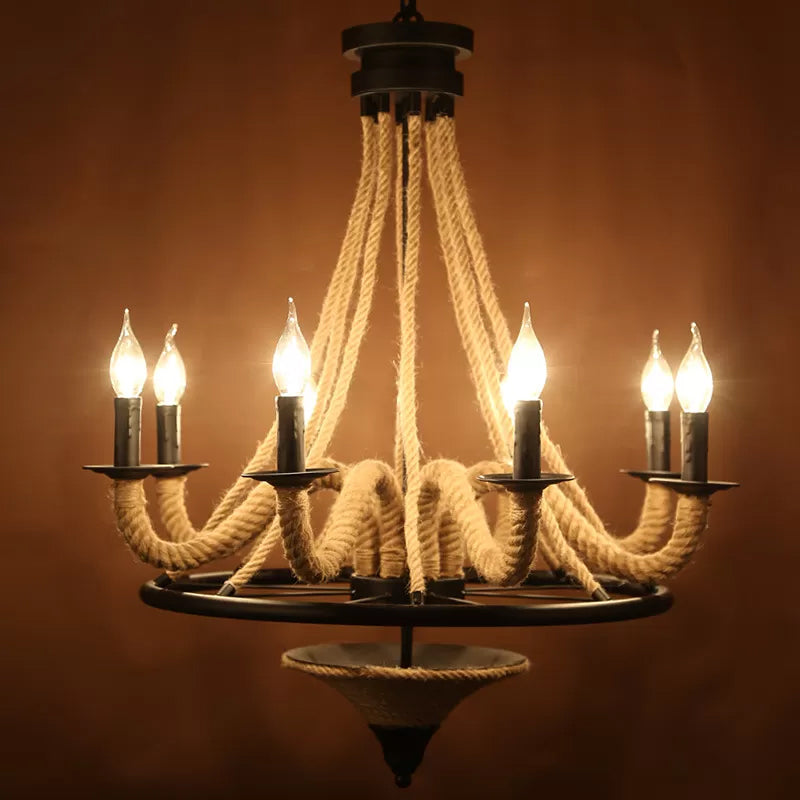 Rustic Jute Rope Wrapped 8-Light Candelabra Chandelier - Cottage Brown Hanging Light Fixture