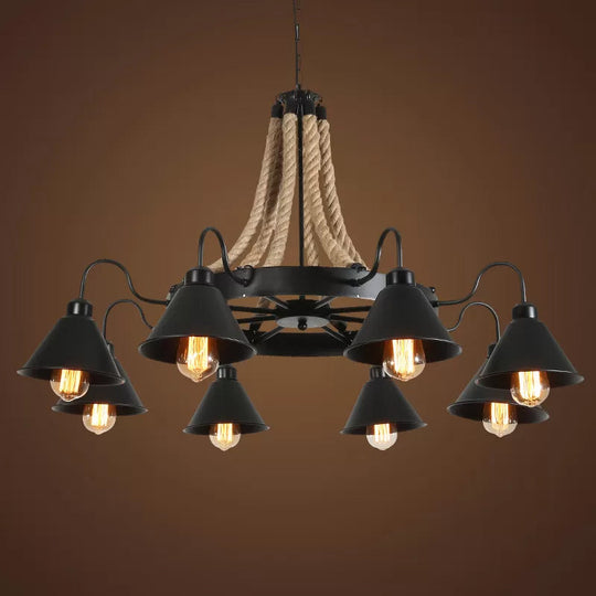 Loft Style Rope Chandelier with Cone Metal Shade - Brown Pendant Light, 6/8 Heads