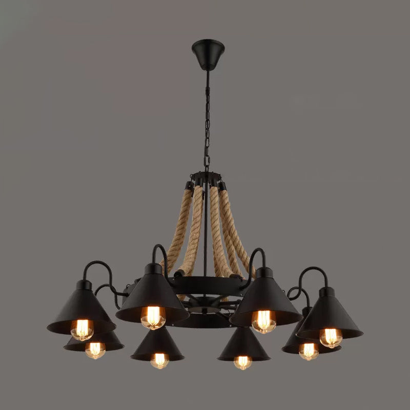 Loft Style Rope Chandelier with Cone Metal Shade - Brown Pendant Light, 6/8 Heads