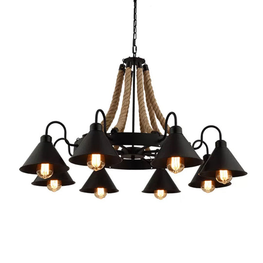 Loft Style Rope Chandelier with Cone Metal Shade - Brown Pendant Light, 6/8 Heads