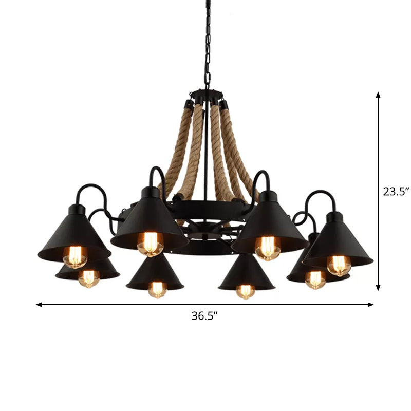 Loft Style Rope Chandelier with Cone Metal Shade - Brown Pendant Light, 6/8 Heads