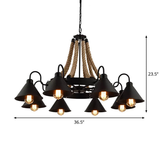 Loft Style Rope Chandelier with Cone Metal Shade - Brown Pendant Light, 6/8 Heads