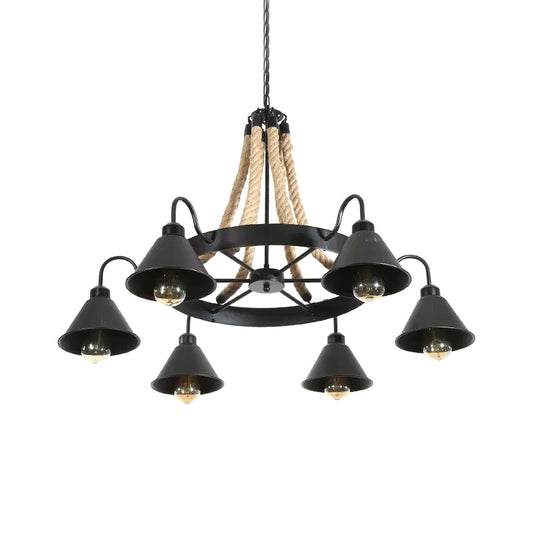 Loft Style Rope Chandelier with Cone Metal Shade - Brown Pendant Light, 6/8 Heads