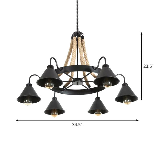 Loft Style Rope Chandelier with Cone Metal Shade - Brown Pendant Light, 6/8 Heads