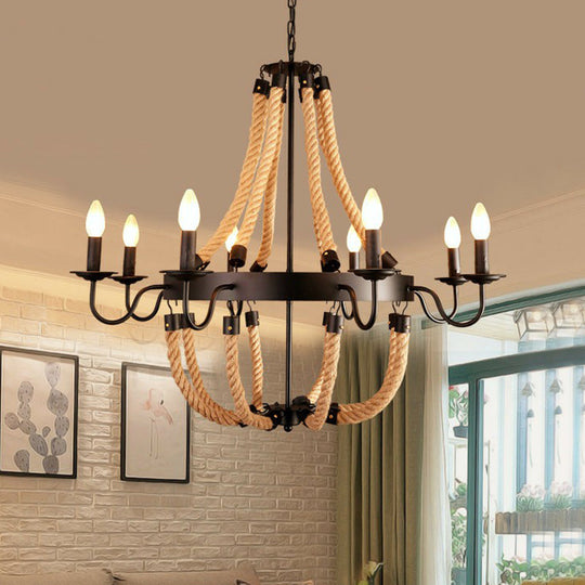 Farmhouse Rope Basket Chandelier - Brown 6/8 Bulbs Living Room Ceiling Pendant