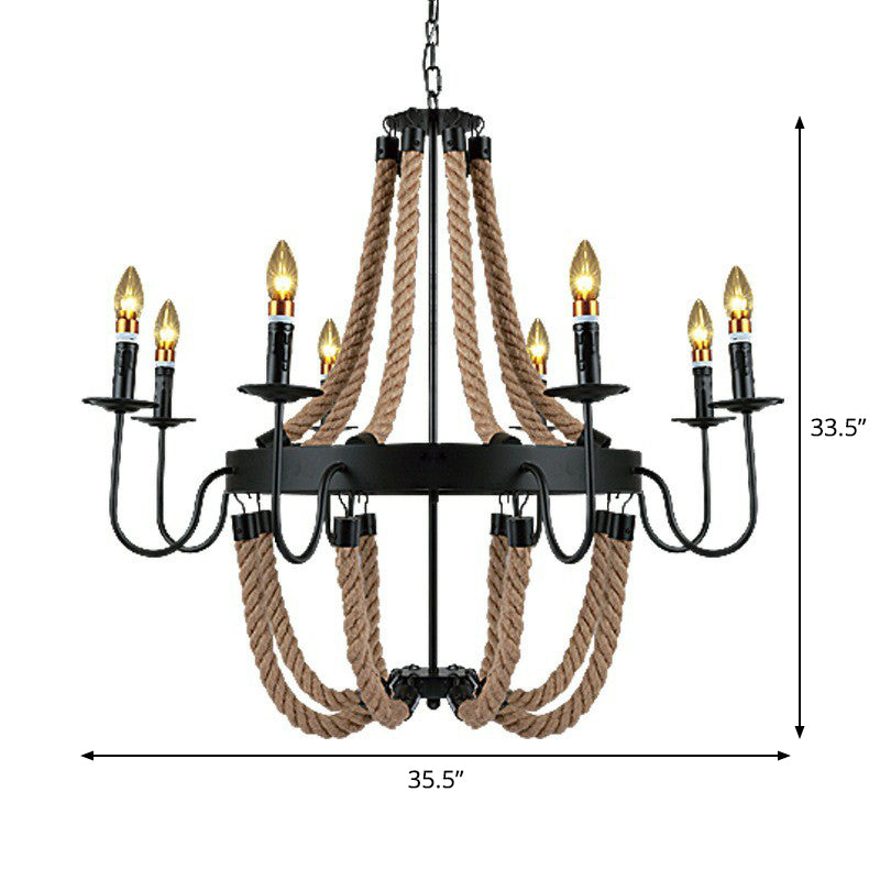 Farmhouse Rope Basket Chandelier - Brown 6/8 Bulbs Living Room Ceiling Pendant