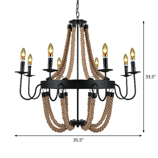 Farmhouse Rope Basket Chandelier - Brown 6/8 Bulbs Living Room Ceiling Pendant