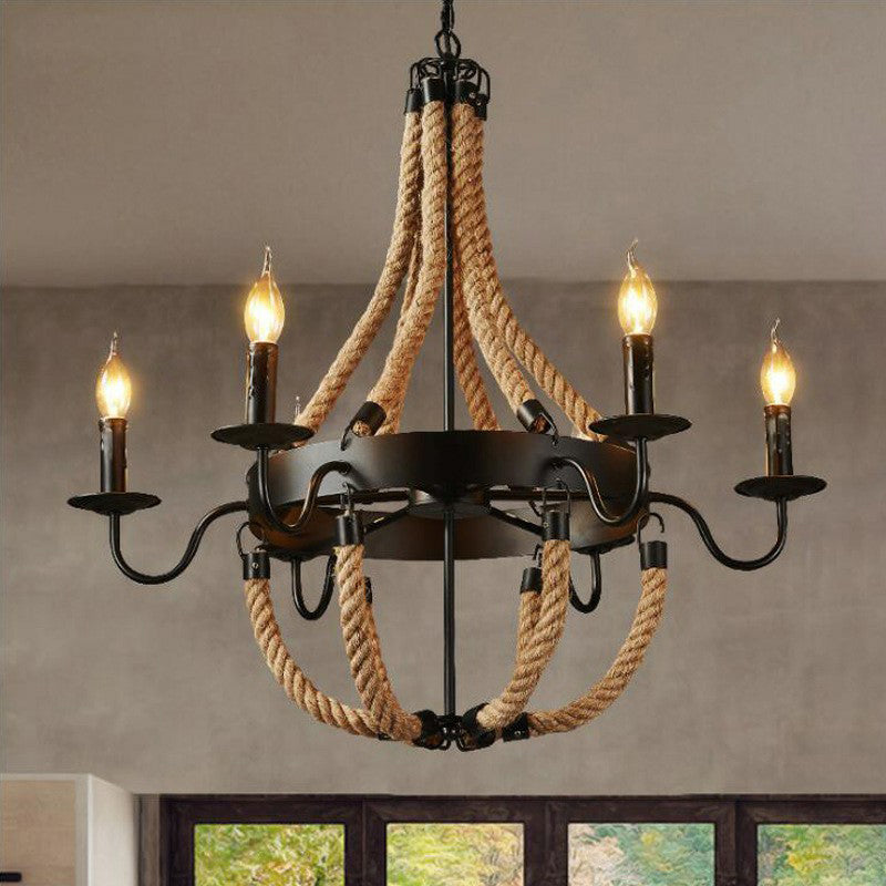 Farmhouse Rope Basket Chandelier - Brown 6/8 Bulbs Living Room Ceiling Pendant 6 /