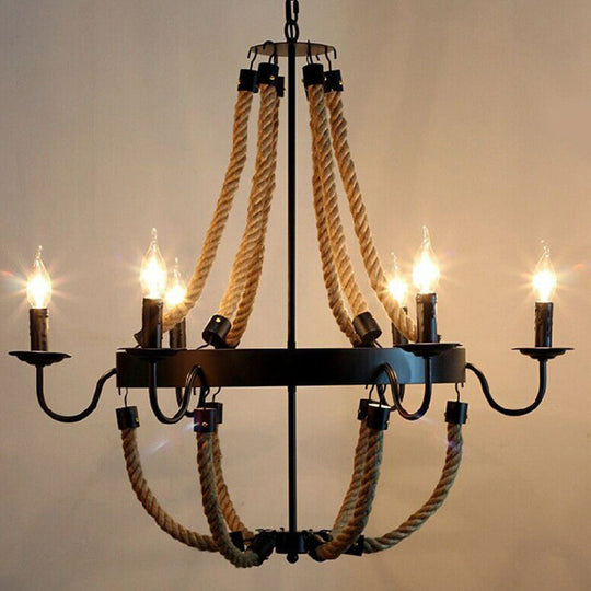 Farmhouse Rope Basket Chandelier - Brown 6/8 Bulbs Living Room Ceiling Pendant