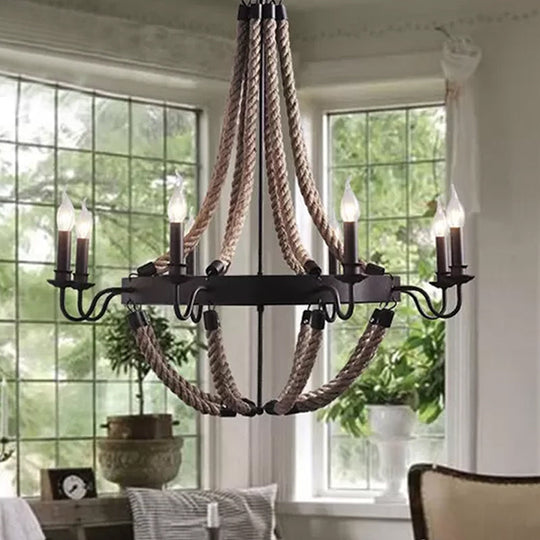 Countryside Hanging Chandelier with 6/8 Brown Bulbs and Hemp Rope Basket Pendant Design