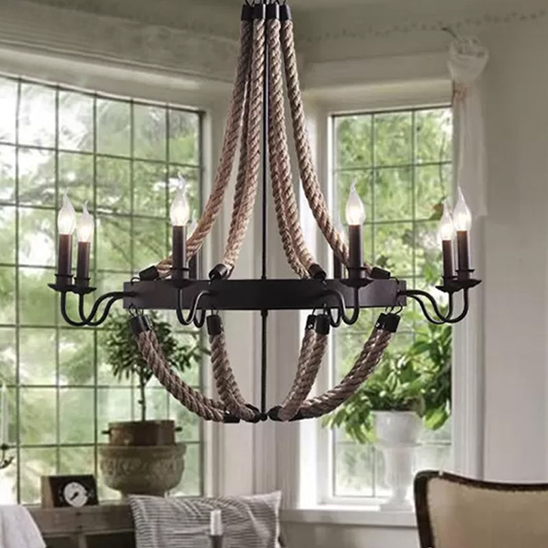 Countryside Hemp Rope Chandelier With Candle Design - Brown 6/8 Bulbs Pendant Lighting 8 /