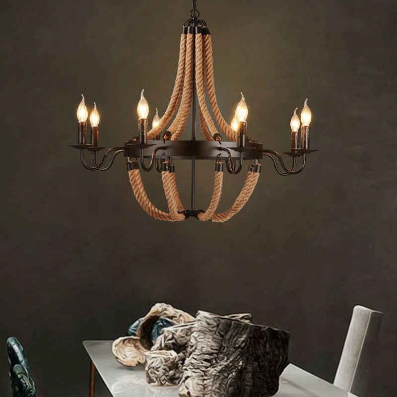 Countryside Hemp Rope Chandelier With Candle Design - Brown 6/8 Bulbs Pendant Lighting