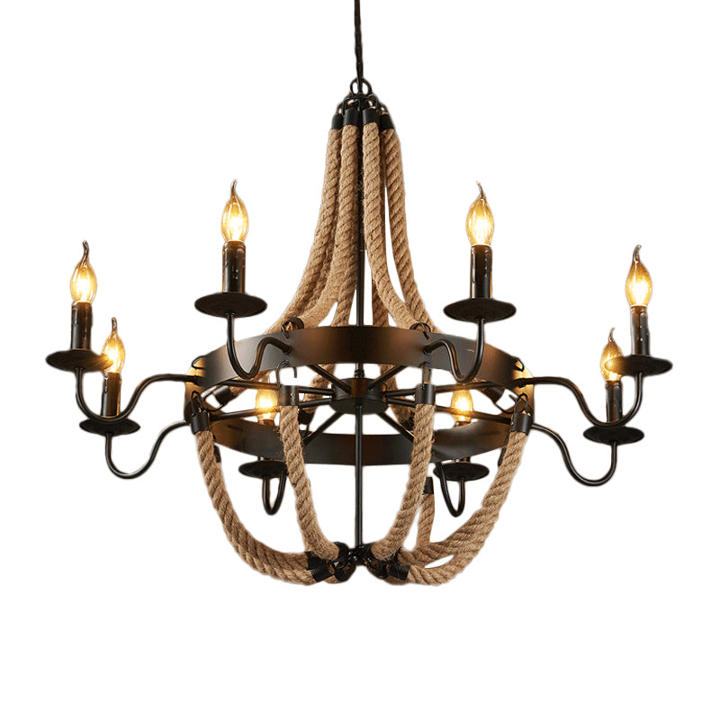 Countryside Hemp Rope Chandelier With Candle Design - Brown 6/8 Bulbs Pendant Lighting