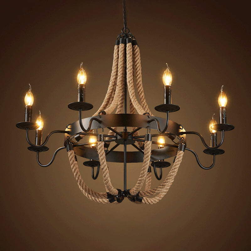 Countryside Hemp Rope Chandelier With Candle Design - Brown 6/8 Bulbs Pendant Lighting