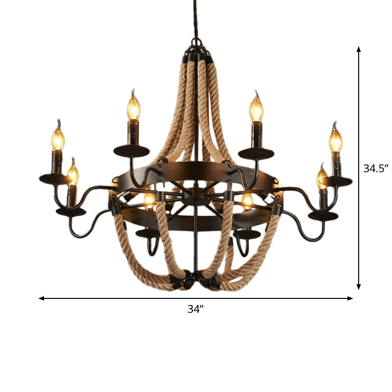 Countryside Hemp Rope Chandelier With Candle Design - Brown 6/8 Bulbs Pendant Lighting