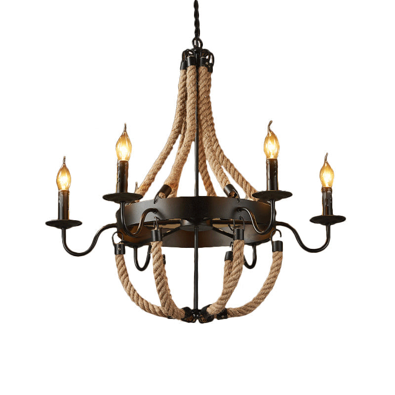 Countryside Hemp Rope Chandelier With Candle Design - Brown 6/8 Bulbs Pendant Lighting