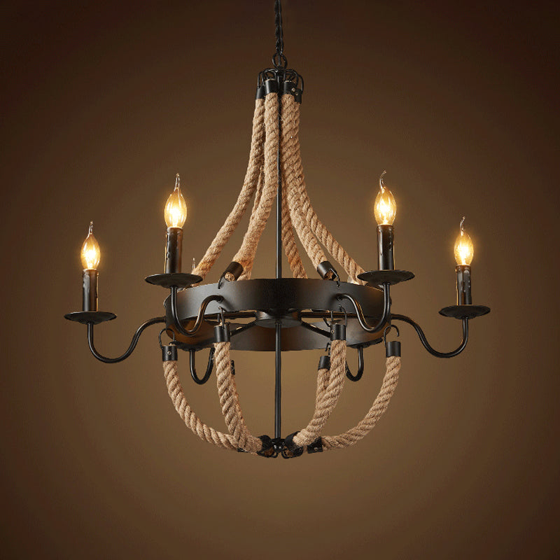 Countryside Hemp Rope Chandelier With Candle Design - Brown 6/8 Bulbs Pendant Lighting