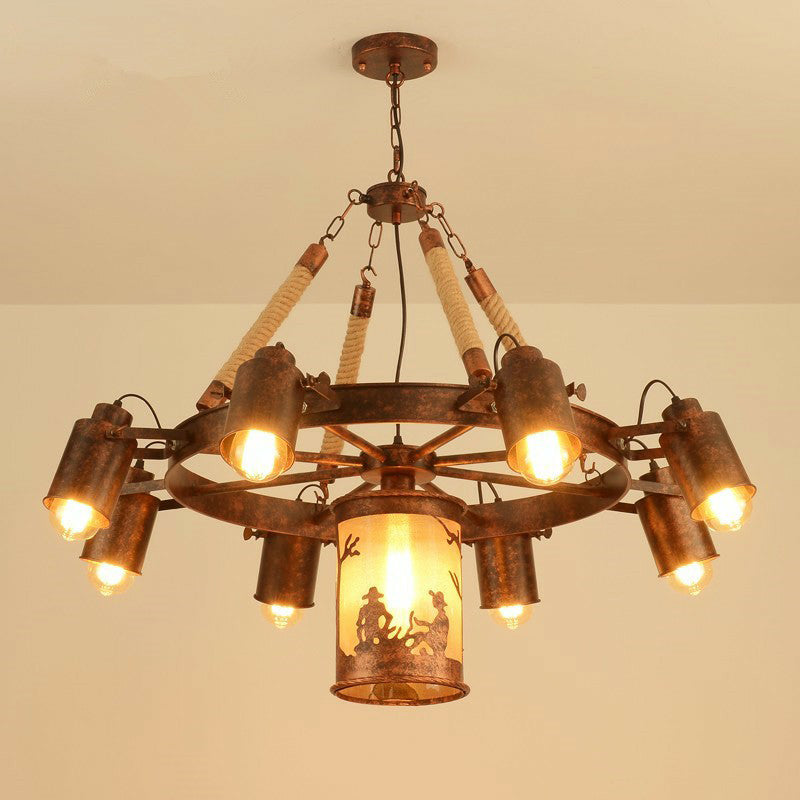 Industrial Adjustable Chandelier Pendant with 8 Lights, Black/Rust Wheel Design, Restaurant Ceiling Spotlight, Rope Accent