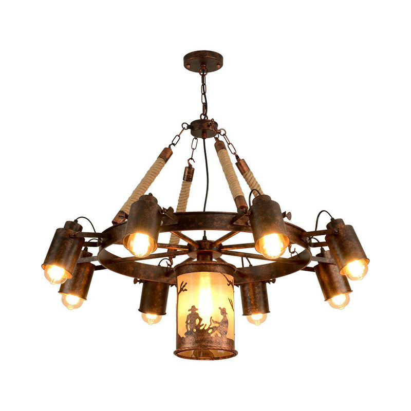 Industrial Adjustable Chandelier Pendant with 8 Lights, Black/Rust Wheel Design, Restaurant Ceiling Spotlight, Rope Accent