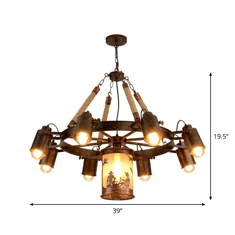 Industrial Adjustable Chandelier Pendant with 8 Lights, Black/Rust Wheel Design, Restaurant Ceiling Spotlight, Rope Accent