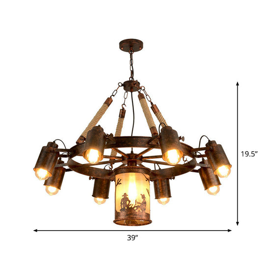 Industrial Adjustable Chandelier Pendant With 8 Lights Black/Rust Wheel Design Restaurant Ceiling