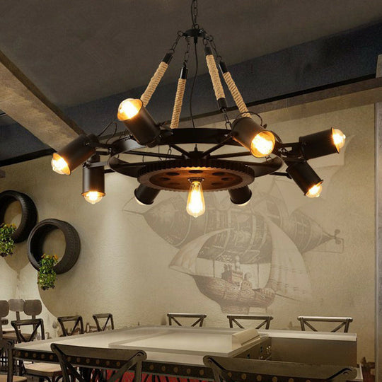 Industrial Adjustable Chandelier Pendant with 8 Lights, Black/Rust Wheel Design, Restaurant Ceiling Spotlight, Rope Accent