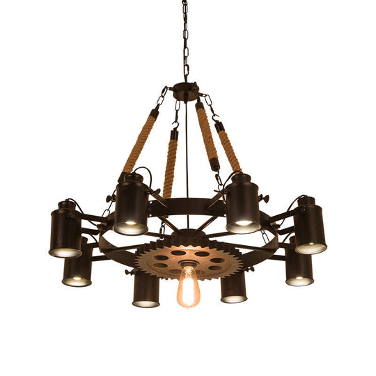 Industrial Adjustable Chandelier Pendant with 8 Lights, Black/Rust Wheel Design, Restaurant Ceiling Spotlight, Rope Accent