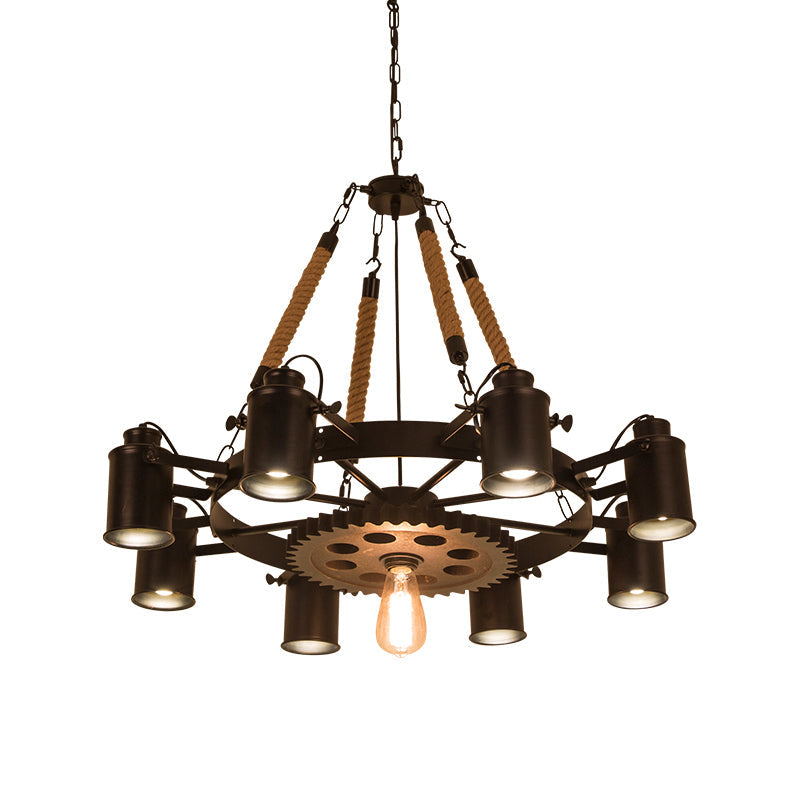 Industrial Adjustable Chandelier Pendant With 8 Lights Black/Rust Wheel Design Restaurant Ceiling