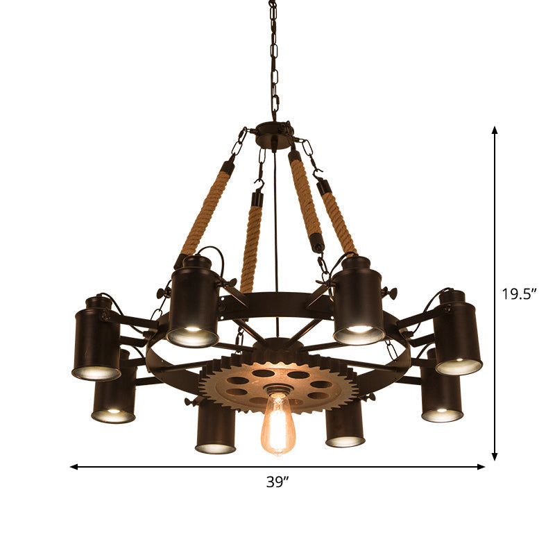 Industrial Adjustable Chandelier Pendant with 8 Lights, Black/Rust Wheel Design, Restaurant Ceiling Spotlight, Rope Accent