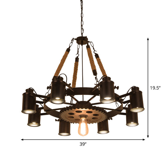 Industrial Adjustable Chandelier Pendant with 8 Lights, Black/Rust Wheel Design, Restaurant Ceiling Spotlight, Rope Accent