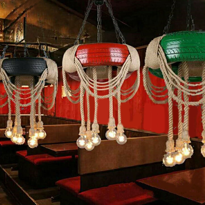 Rubber Warehouse 6-Head Tire Lamp with Hemp Rope - Red/Blue/Yellow Chandelier Pendant for Dining Room