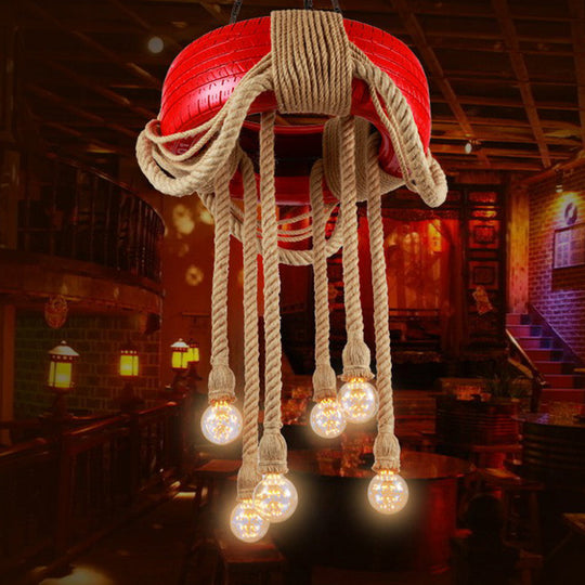 6-Head Tire Hanging Lamp Kit With Hemp Rope For Dining Room Chandelier