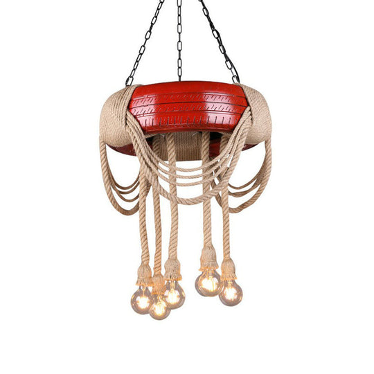 6-Head Tire Hanging Lamp Kit With Hemp Rope For Dining Room Chandelier