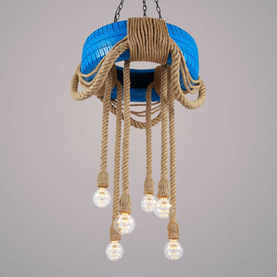 Rubber Warehouse 6-Head Tire Lamp with Hemp Rope - Red/Blue/Yellow Chandelier Pendant for Dining Room