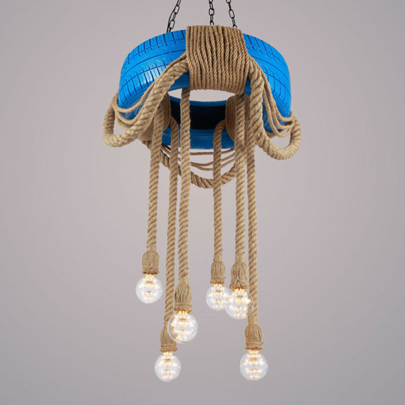 6-Head Tire Hanging Lamp Kit With Hemp Rope For Dining Room Chandelier