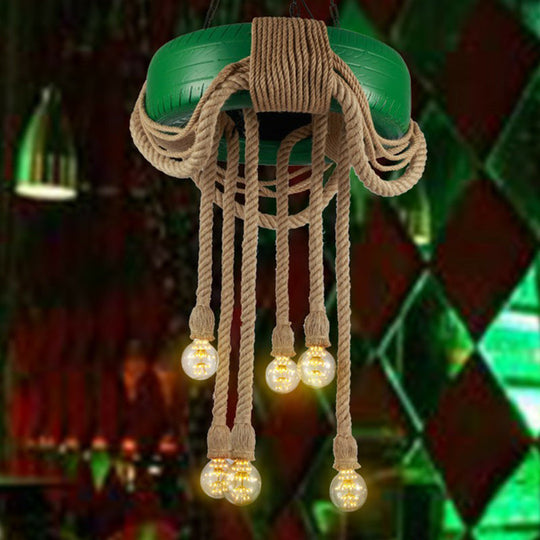 6-Head Tire Hanging Lamp Kit With Hemp Rope For Dining Room Chandelier Green