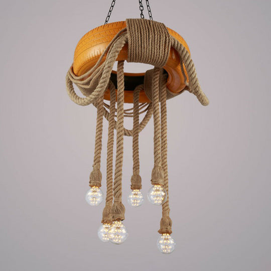 6-Head Tire Hanging Lamp Kit With Hemp Rope For Dining Room Chandelier