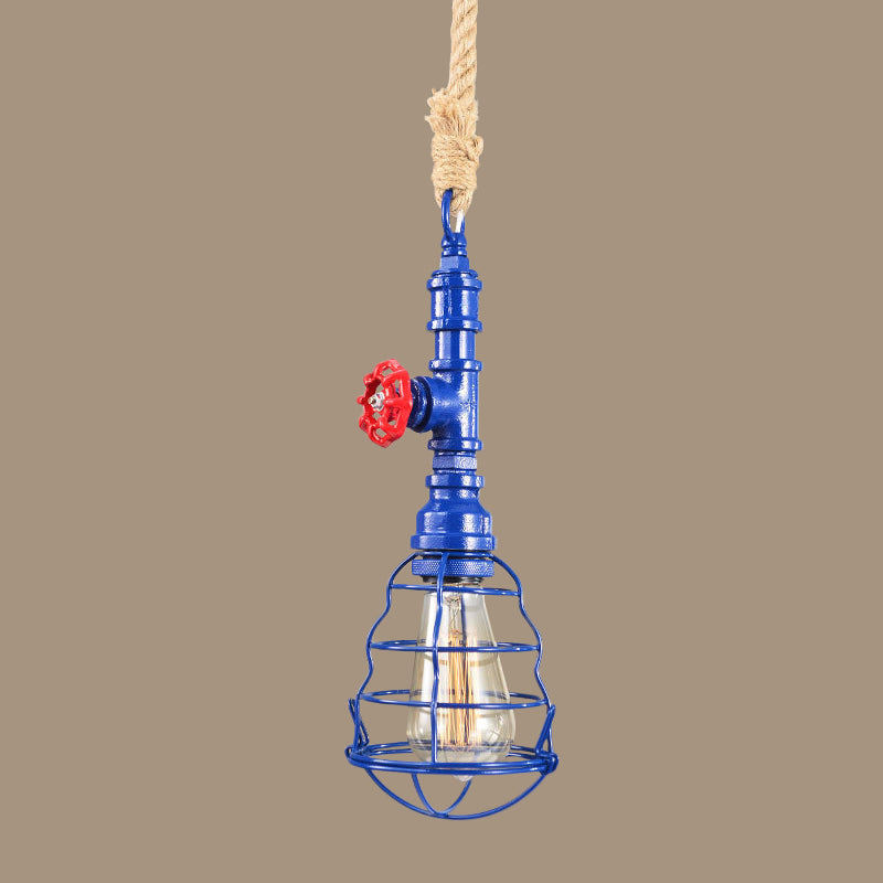 Steampunk Caged Pendant Light 1 Head - Hanging Ceiling Lamp with Rope Cord and Water Pipe Design in Blue/Rust/Bronze