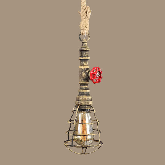 Steampunk Caged Pendant Light 1 Head - Hanging Ceiling Lamp with Rope Cord and Water Pipe Design in Blue/Rust/Bronze