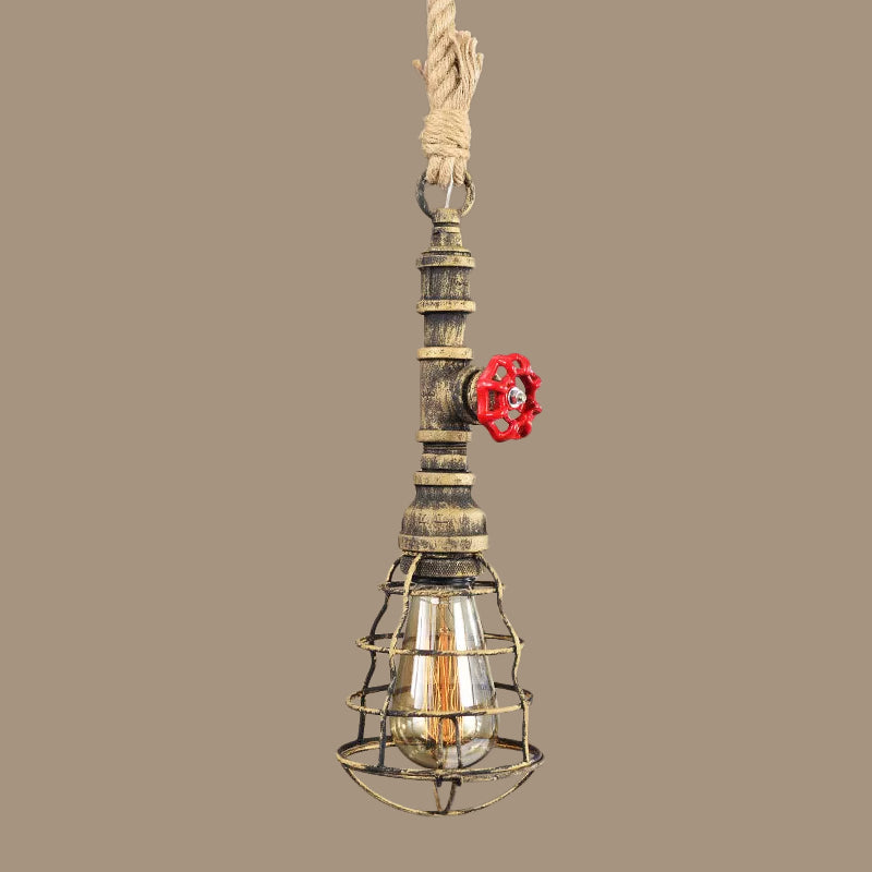 Steampunk Caged Pendant Light With Rope Cord And Water Pipe Design In Blue/Rust/Bronze