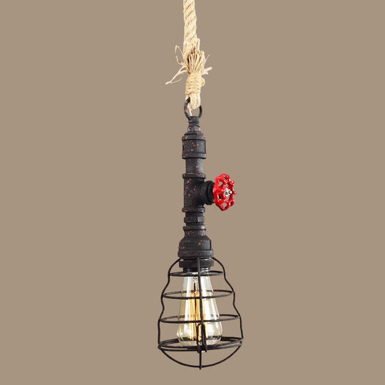 Steampunk Caged Pendant Light 1 Head - Hanging Ceiling Lamp with Rope Cord and Water Pipe Design in Blue/Rust/Bronze