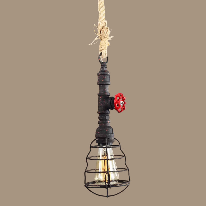 Steampunk Caged Pendant Light With Rope Cord And Water Pipe Design In Blue/Rust/Bronze