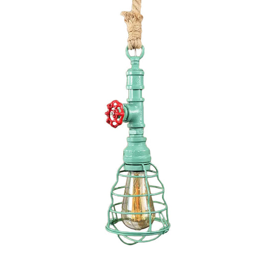 Steampunk Caged Pendant Light 1 Head - Hanging Ceiling Lamp with Rope Cord and Water Pipe Design in Blue/Rust/Bronze