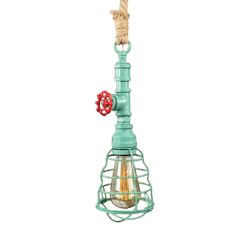 Steampunk Caged Pendant Light With Rope Cord And Water Pipe Design In Blue/Rust/Bronze Green