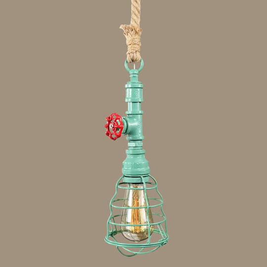 Steampunk Caged Pendant Light 1 Head - Hanging Ceiling Lamp with Rope Cord and Water Pipe Design in Blue/Rust/Bronze