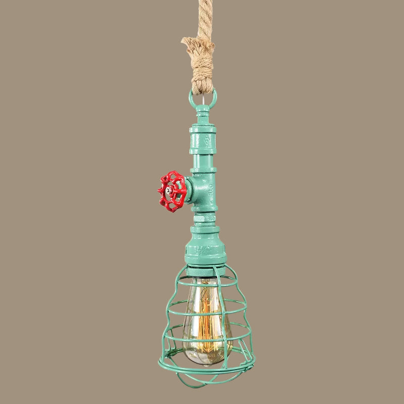 Steampunk Caged Pendant Light With Rope Cord And Water Pipe Design In Blue/Rust/Bronze