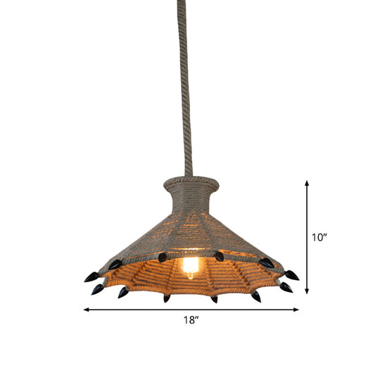 Rustic Flared Pendant Lamp with Natural Rope Suspension - Single-Bulb Light Fixture in Black/Brown