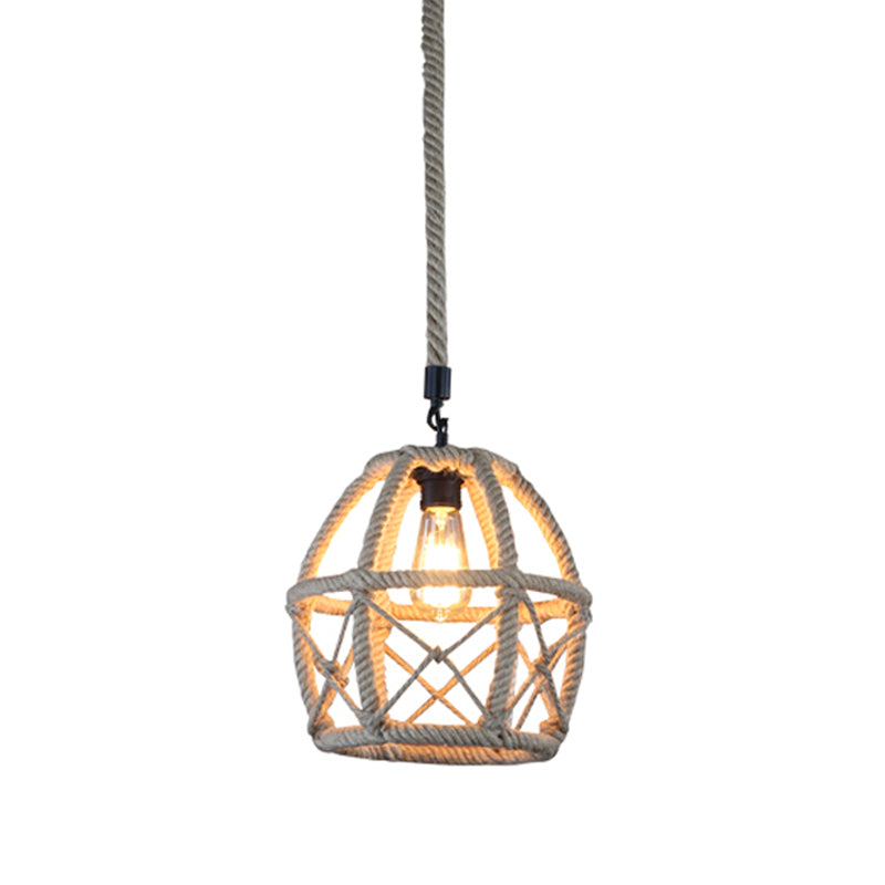 Rustic Flared Pendant Lamp with Natural Rope Suspension - Single-Bulb Light Fixture in Black/Brown